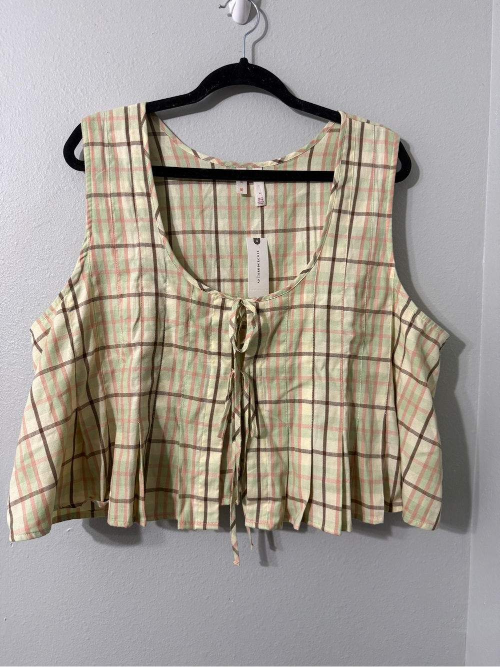 Anthropologie Sleeveless Flowy Tie-Front Plaid Crop Top Light Green Brown NWT